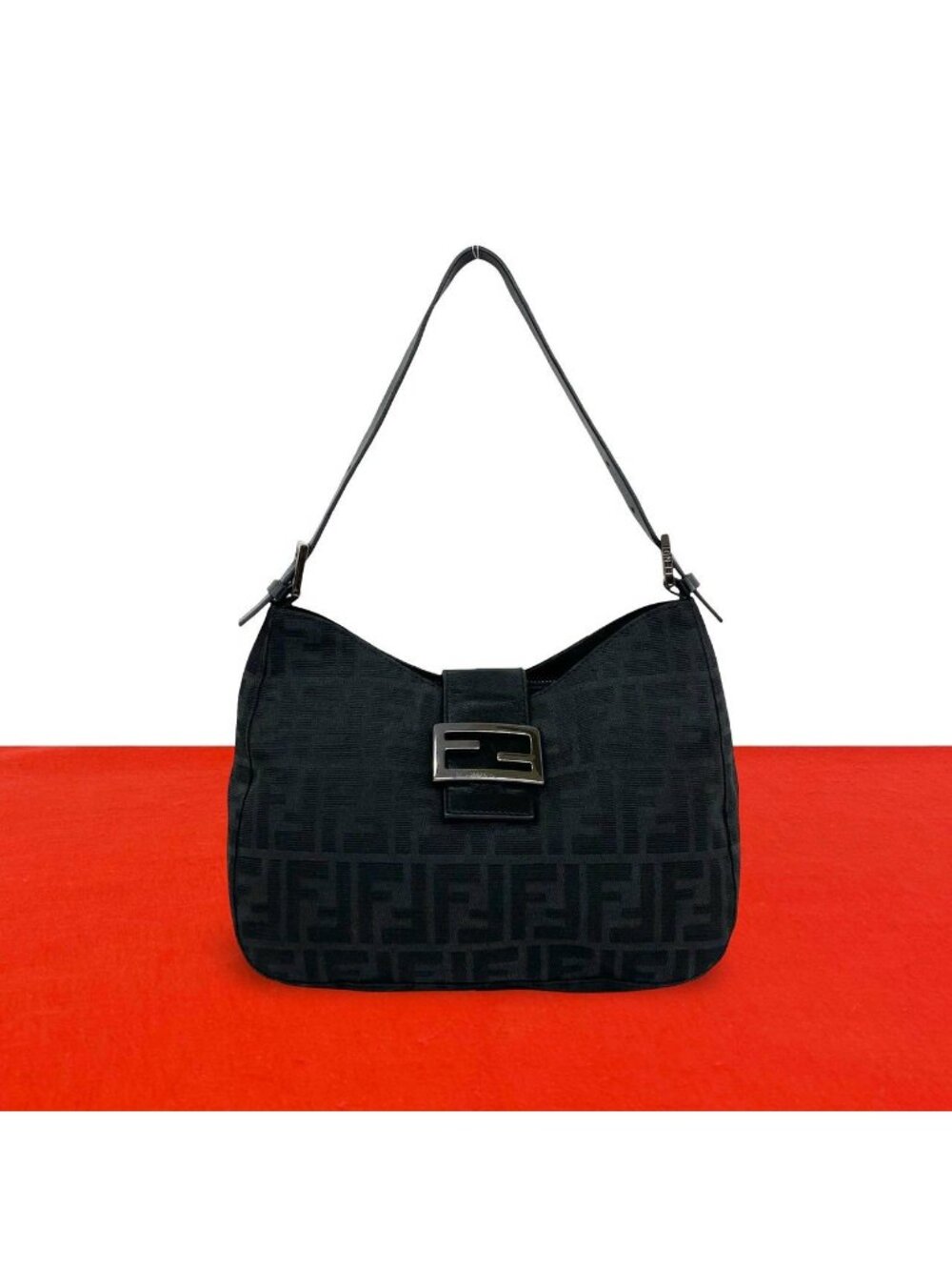 Fendi Vintage Zucca FF Pattern Canvas Leather Shoulder Bag Black